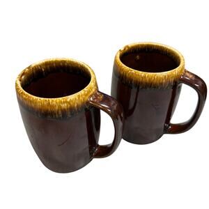 Vintage Pair 2 Pioneer USA Pottery Beer Stein Coffee Mugs 1960s Brown Drip Glaze